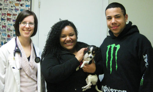 Tequila the Chihuahua with owners and North Town Veterinary hospital veterinarian